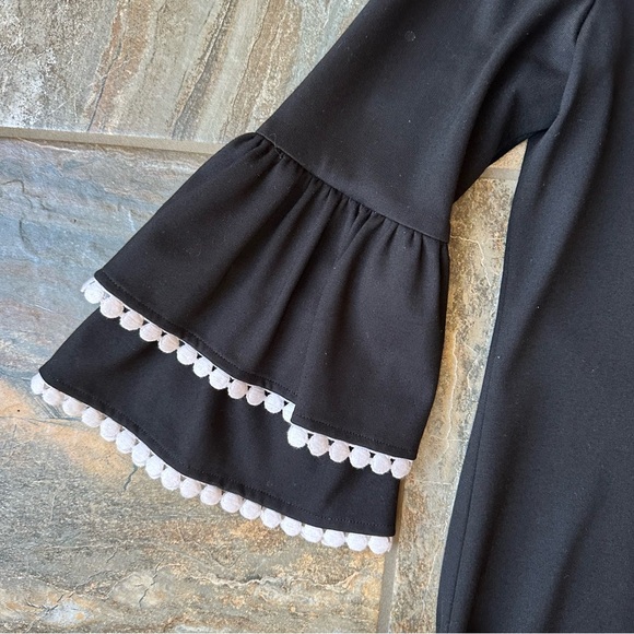Sara Campbell Black Shift Dress with Ruffle Bell Sleeve White Trim Size Medium - Picture 3 of 10